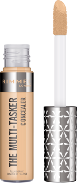 Rimmel Multi-Tasker beżowy korektor w płynie, butelka i aplikator z produktem, widok z przodu.