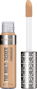 Rimmel Multi-Tasker Concealer w jasnobeżowym flakonie, obok otwarty aplikator z widocznym korektorem.