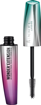 Rimmel Wonder’Extension tusz do rzęs, otwarta fioletowo-srebrna tubka z turkusową zakrętką i szczoteczką.