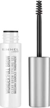 Rimmel Wonder'Full Brow przezroczysty żel do stylizacji brwi, otwarta tubka ze szczoteczką.
