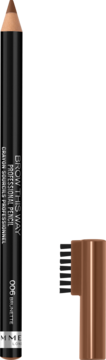 Rimmel Brow This Way 006 Brunette, profesjonalna czarna kredka do brwi z brązową końcówką, pionowo ze szczoteczką.