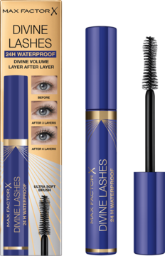 Max Factor Divine Lashes tusz wodoodporny, granatowy z detalami złota, widok produktu w pudełku i z otwartą szczoteczką.