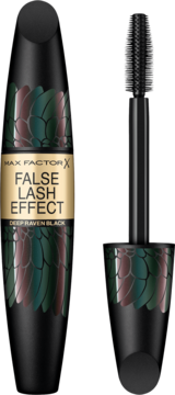 Max Factor False Lash Effect Deep Raven Black mascara, otwarta tubka z łuskowatym wzorem i wyjęta szczoteczka.