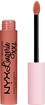NYX Lingerie XXL, płynna szminka w odcieniu nude, otwarta tubka i aplikator z matową formułą.
