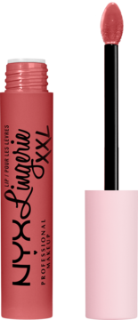 NYX Lip Lingerie XXL, matowa płynna pomadka w tubce koloru różanego beżu, z wysuniętym aplikatorem.