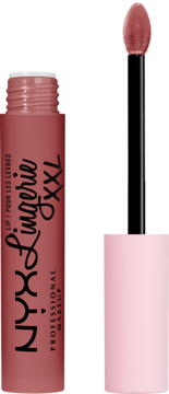 NYX Lingerie XXL matowa pomadka w płynie w otwartej, brązowej tubce z aplikatorem.
