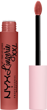 Zbliżenie na otwartą matową pomadkę NYX Lingerie XXL w odcieniu brudnego różu, widoczny aplikator z płynem.