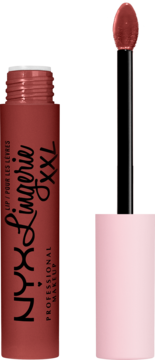 Płynna matowa pomadka NYX Lingerie XXL w odcieniu ceglastym, otwarta tubka z aplikatorem z różową rączką.
