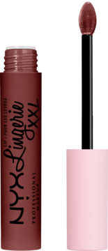 NYX Professional Makeup Lip Lingerie XXL, brązowa matowa pomadka w płynie, butelka otwarta z widocznym aplikatorem.