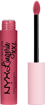 Zbliżenie na otwartą tubkę matowej płynnej pomadki NYX Lingerie XXL w odcieniu różu, z wysuniętym aplikatorem.