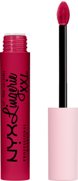 NYX Lingerie XXL matowa płynna szminka w kolorze fuksji. Otwarte opakowanie z wyjętym aplikatorem.