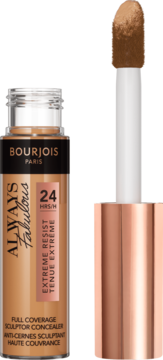 Bourjois Always Fabulous 24H Korektor z pełnym kryciem, brązowy, butelka i aplikator obok.