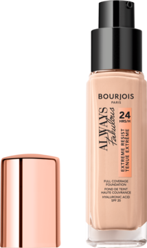 Beżowy podkład Bourjois Always Fabulous 24H z kwasem hialuronowym i SPF 20 w szklanej butelce z pompką, z odkręconą nakrętką.