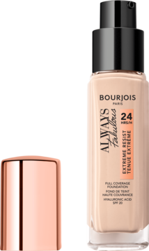 Beżowy podkład Bourjois Always Fabulous z SPF 20 w szklanej butelce z pompką i miedzianą zakrętką obok.