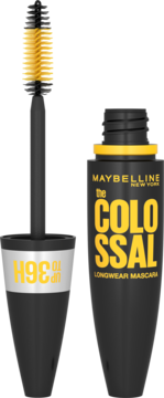 Otwarta czarno-żółta mascara Maybelline Colossal Longwear z żółtą szczoteczką, widoczny napis 36H.