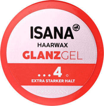 Widok z góry na czerwone, okrągłe opakowanie wosku Isana Glanzgel, z białym logo i napisem "EXTRA STARKER HALT".