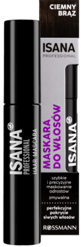 Isana Professional Hair Mascara, ciemny brąz, w czarnej tubce i pudełku. Maskuje odrosty i siwe włosy.