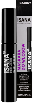 Isana Professional czarna mascara do włosów w tubie i jej szare opakowanie kartonowe, widok z przodu.