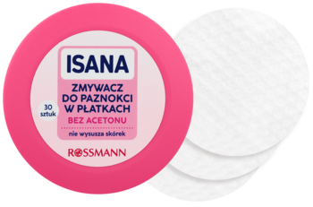Isana zmywacz do paznokci w płatkach bez acetonu, różowe opakowanie, 30 sztuk, z widocznymi okrągłymi płatkami.
