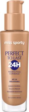 Matujący podkład Miss Sporty Perfect to Last 24H SPF 20 w beżowej butelce z pompką, widok z przodu.