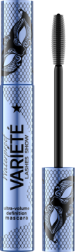 Wodoodporny tusz do rzęs Variété Lashes Show ultra-volume, niebieskie opakowanie, otwarta obok szczoteczka.