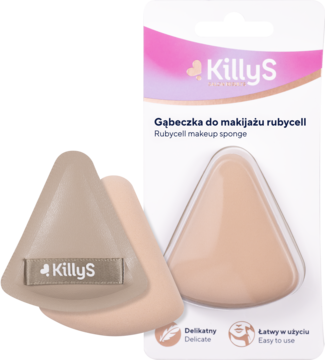 KillyS beżowa gąbeczka do makijażu rubycell, trójkątna, jedna luzem, druga w opakowaniu biało-różowym.
