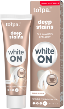Tołpa Deep Stains White ON pasta do zębów w tubce i pudełku, wybielająca o 4 odcienie, dla kawoszy i palaczy.
