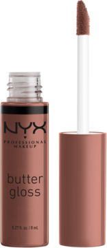NYX Professional Makeup Butter Gloss w odcieniu różowo-brązowym, otwarta butelka z aplikatorem.