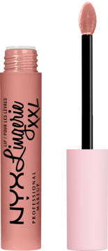 NYX Lingerie XXL, matowa płynna pomadka w odcieniu nude, otwarta tubka z wysuniętym aplikatorem.