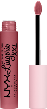 Matowa płynna szminka NYX Lingerie XXL w odcieniu dusty rose, otwarta tubka z aplikatorem na tle.