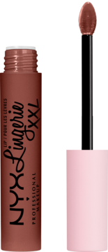 NYX Lingerie XXL matowa płynna pomadka w odcieniu nude-brązu, otwarta, z aplikatorem obok.