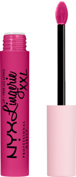 Żywa fuksjowa płynna pomadka NYX Lingerie XXL, otwarta tubka z aplikatorem, na czarnym tle.