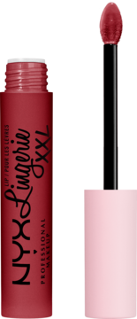NYX Lingerie XXL matowa płynna pomadka w odcieniu burgundowym, otwarta butelka z aplikatorem.