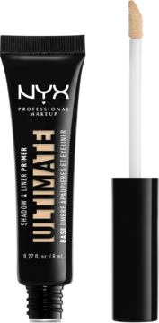 NYX Ultimate Shadow & Liner Primer w czarnej tubce z zakrętką i aplikatorem z beżowym płynem, widok z przodu.