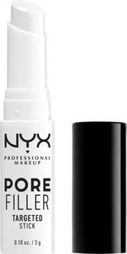 NYX Pore Filler Targeted Stick, biały sztyft z wysuniętą zawartością i czarną nakrętką, widok z przodu.