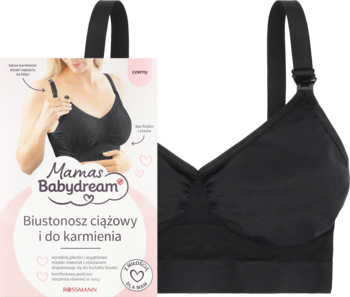 Czarny biustonosz ciążowy i do karmienia Mamas Babydream, z zapięciem do odpinania ramiączka, obok pudełka.