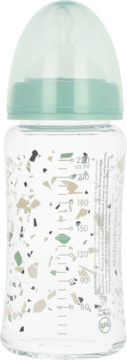 Szklana butelka Babydream z szeroką szyjką 230 ml, miętowa zakrętka, wzór confetti, widok z przodu.