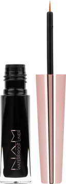 Otwarty czarny wodoodporny eyeliner NAM z różowo-złotą zakrętką i cienkim pędzelkiem z brązową końcówką.