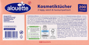 Tył brzoskwiniowego opakowania chusteczek kosmetycznych Alouette 200 szt. z kodem kreskowym i tekstem w języku niemieckim.