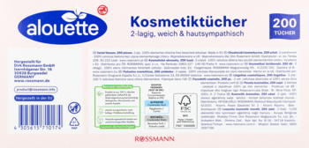 Tył opakowania chusteczek higienicznych alouette Kosmetiktücher, 200 sztuk, z kodem kreskowym i etykietami.