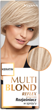 Joanna Multi Blond Reflex rozjaśniacz w sprayu, opakowanie z blond kobietą i efektem słonecznych refleksów.