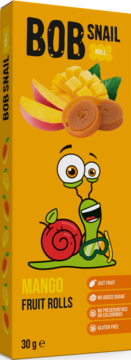 Żółte opakowanie Bob Snail Mango Fruit Rolls, z wesołym ślimakiem, kawałkami mango i dwoma rolsami, widok z przodu.