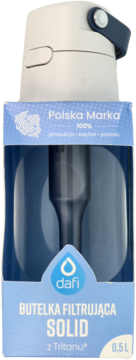 Biała butelka filtrująca Dafi Solid z Tritanu, 0,5L, widoczna w niebiesko-białym opakowaniu detalicznym.
