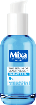 Mixa Hyalurogel Serum w niebieskiej butelce z białą pompką, widok z przodu. Zawiera 5% Niacinamid, Panthenol, Kwas Hialuronowy.