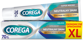 Dwie białe tubki kremu mocującego Corega Super Mocny Neutralny Smak 70g, dolna z etykietą XL.