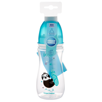 Butelka antykolkowa Canpol babies 330ml, przezroczysta z niebieskim, widok z przodu, z grafiką leniwca.