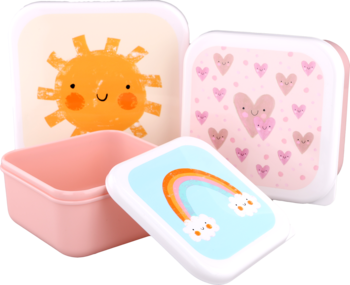 Zestaw 3 różowych pojemników na przekąski Babydream z grafikami słońca, serc i tęczy, ułożonych dynamicznie.