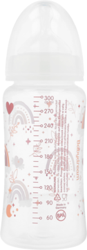 Biała butelka Babydream 300 ml z szeroką szyjką, silikonowym smoczkiem, miarką i wzorem tęczy, widok przód.