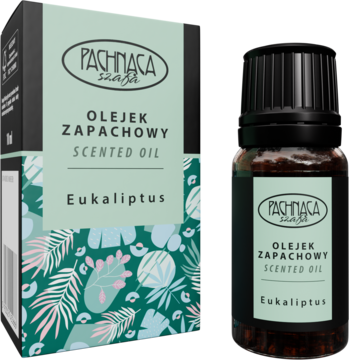 Olejek zapachowy Eukaliptus Pachnąca Szafa, brązowa butelka z miętową etykietą przed dopasowanym pudełkiem.