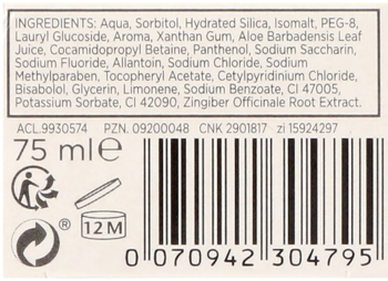 Tył opakowania pasty GUM Ortho 75 ml z listą składników, kodem kreskowym i symbolami recyklingu.